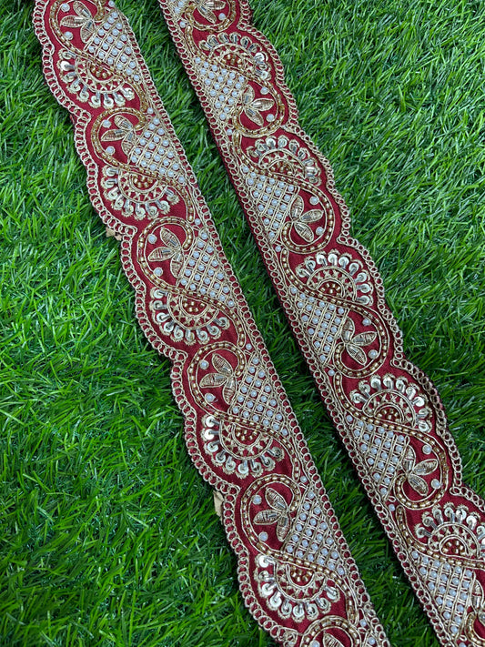 Vibrant Cutdana Beaded Embroidered Lace Border for Sarees and Dupatta – 9 Meters, 2-Inch Width | Maroon
