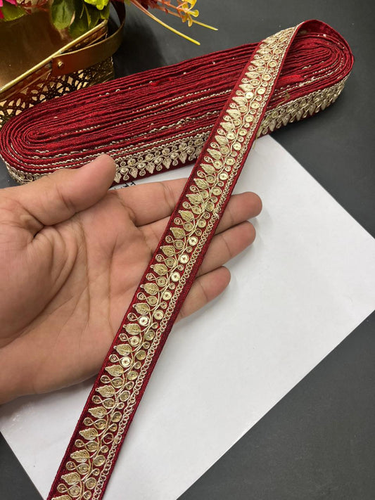 Zari Embroidered Silk Lace – Premium Designer Border for Sarees, Lehengas & Dupattas (9 Meter, 1 Inch Width) | Maroon