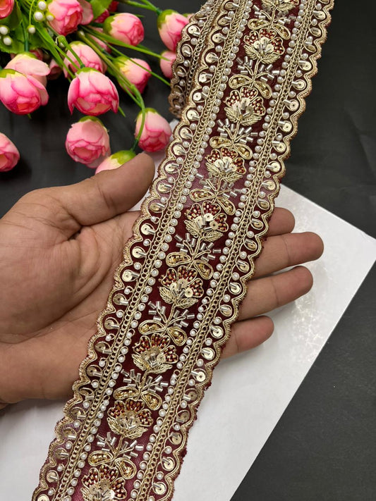 Luxurious Beaded Cutdana Bridal Saree Laces – Heavy Maggam Work Borders for Sarees, Dupattas & Lehengas (9 Meter, 2.5 Inch Width) | Maroon