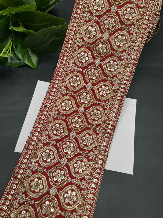 Katdana & Bead Work Embroidered Bridal Lehenga Lace Trim – 9 Meters, 5-Inch Heavy Border for Sarees & Wedding Outfits | Maroon