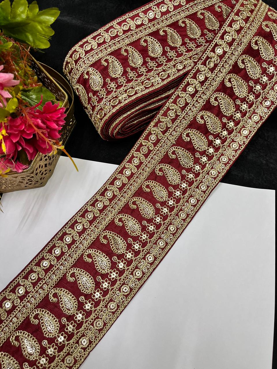 Sabyasachi Inspired Embroidered Lace Border for Sarees, Lehengas & Dupattas – Designer Wide Ethnic Lace Trim (4 Inch) | Maroon