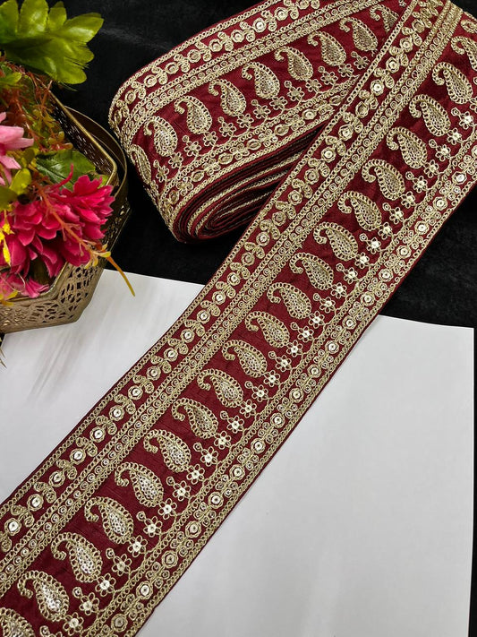 Sabyasachi Inspired Embroidered Lace Border for Sarees, Lehengas & Dupattas – Designer Wide Ethnic Lace Trim (4 Inch) | Maroon