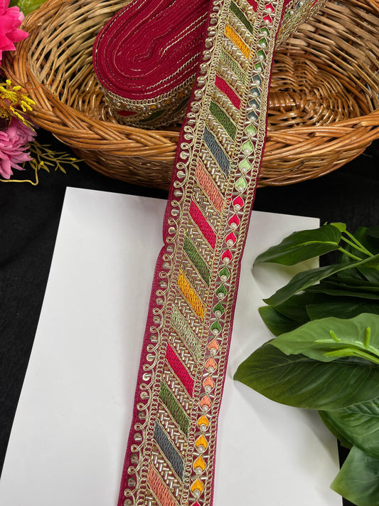 Sabyasachi Inspired Bead & Katdana Embellishment Saree Lace – 9 Meters, 2.25-Inch Designer Border for Lehengas & Dupattas - Maroon