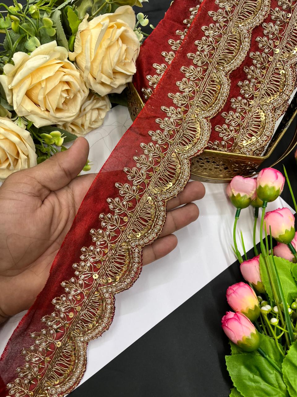 Scalloped Zardosi Work Saree Borders – Premium 2 Inch Handcrafted Maggam Work Lace for Bridal & Festive Wear (9 Meter) | Maroon