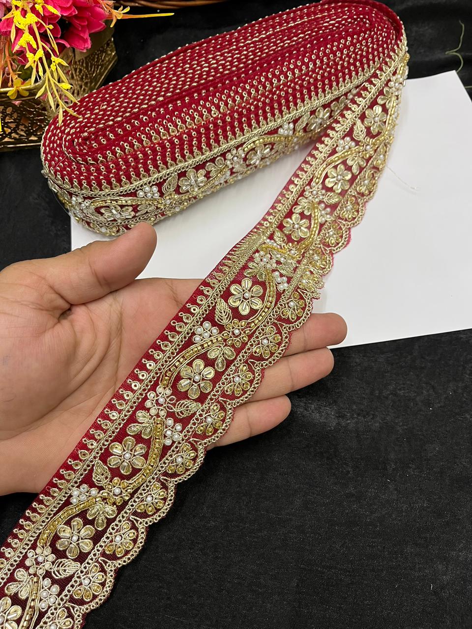 Designer Maggam Work Saree Border on Net Fabric – Handcrafted Embroidered Lace for Sarees, Blouses & Lehengas (2 Inch) | Maroon