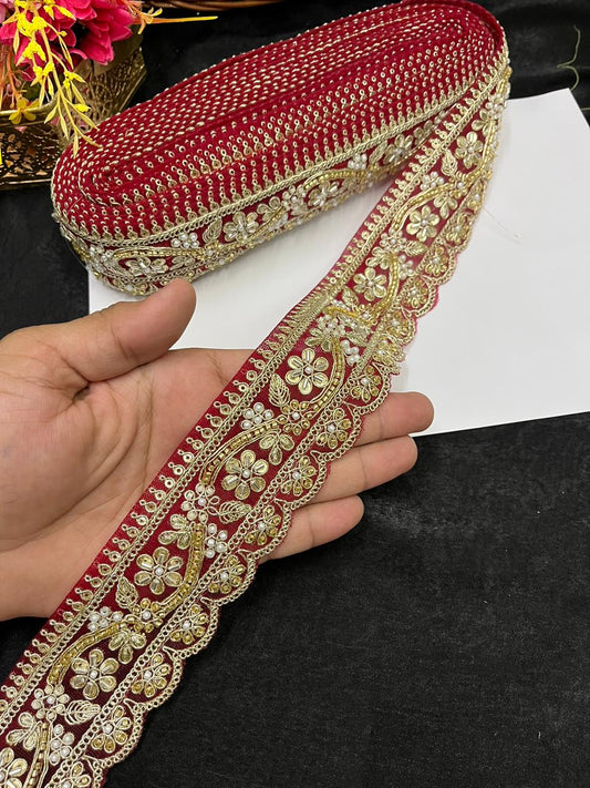 Designer Maggam Work Saree Border on Net Fabric – Handcrafted Embroidered Lace for Sarees, Blouses & Lehengas (2 Inch) | Maroon