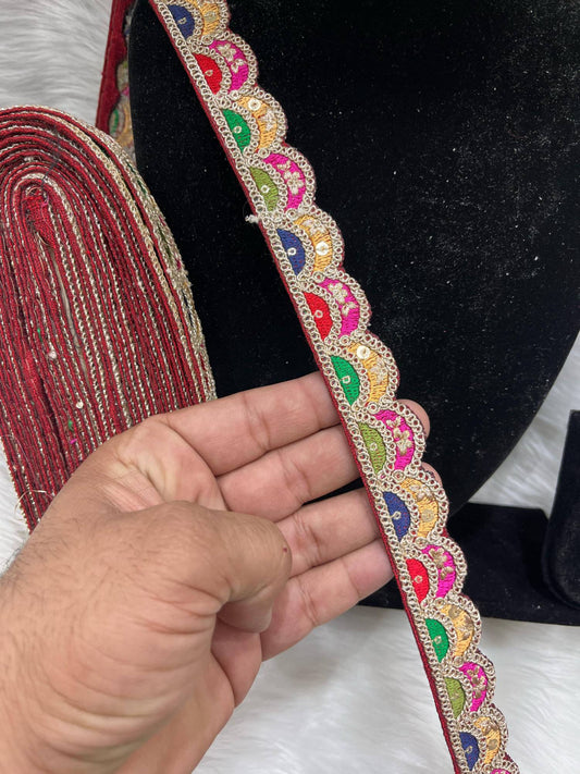 Sabyasachi Inspired Lace Borders – 9 Meters, 1-Inch Designer Embroidered Trim for Sarees, Lehengas & Dupattas | Maroon