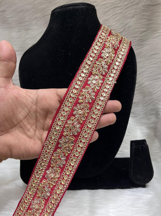 Maggam Work Lace for Saree and Dupatta | Katdana Handmade Lace – 9 Meters, 2-Inch Width | Maroon