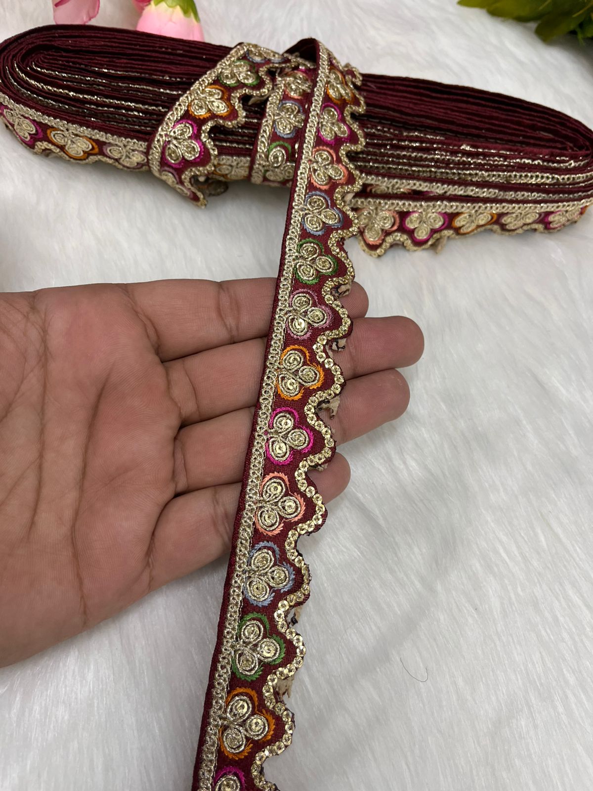 Sabyasachi-Inspired Multicoloured Designer Embroidered Trims – 9 Meter Roll, 1 Inch Wide for Crafting & Fashion | Maroon