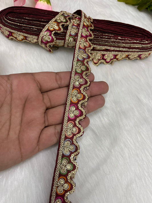 Sabyasachi-Inspired Multicoloured Designer Embroidered Trims – 9 Meter Roll, 1 Inch Wide for Crafting & Fashion | Maroon