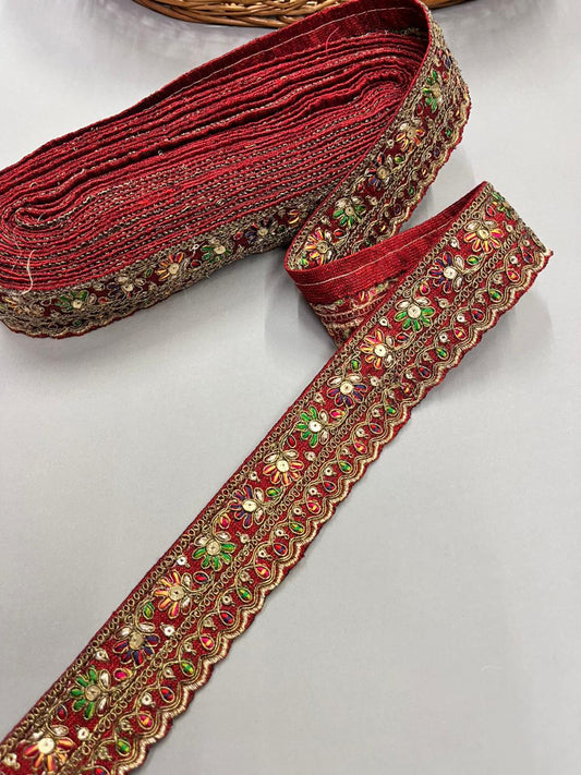 Zari Embroidered Sabyasachi Inspired Lace Border – Premium 2 Inch Designer Decorative Border for Sarees & Bridal Ethnic Wear (9 Meter) | Maroon
