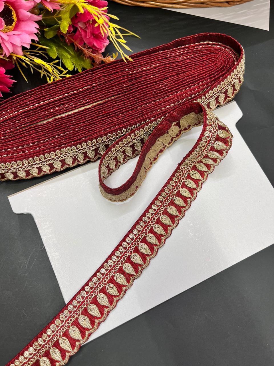 Embroidered Zari Lace Border for Saree, Lehenga & Craft Projects – Designer 1 Inch Embroidery Lace for Ethnic Wear (9 Meter) | Maroon