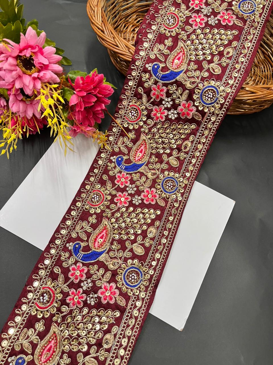 Peacock Face Bridal Lehenga Borders – Heavy Designer Embroidered Trim for Bridal Lehengas, Dupattas & Sarees (9 Meter, 5.5 Inch Width) | Maroon