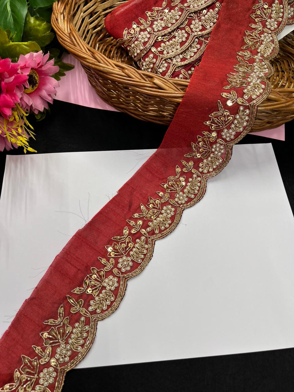 Handmade Scalloped Zardozi & Pearl Maggam Work Saree Lace Borders – Premium Bridal Maggam Lace | Maroon