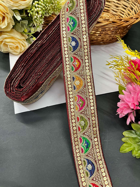 Sabyasachi Inspired Designer Saree Laces and Trims – Embroidered Border Lace (9 Meter Roll) | Maroon
