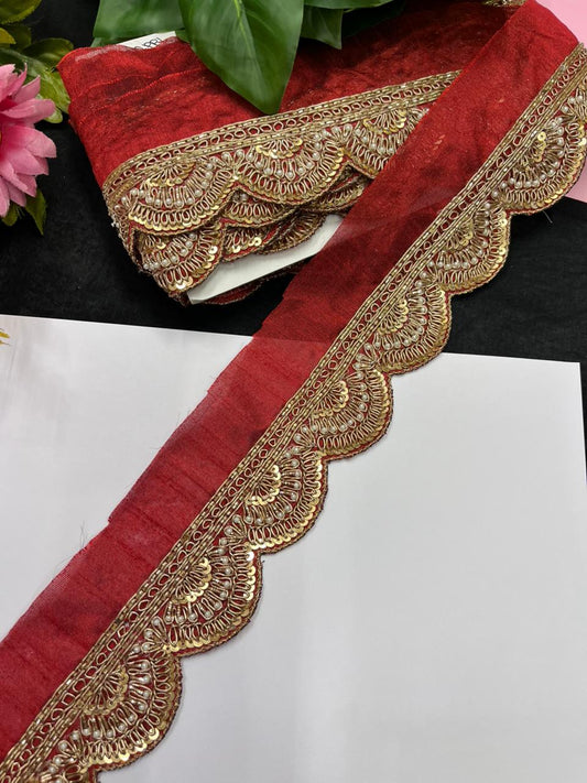 Handmade Scalloped Zardozi Maggam Work Saree Lace Borders – Premium Designer Maggam Lace | Maroon