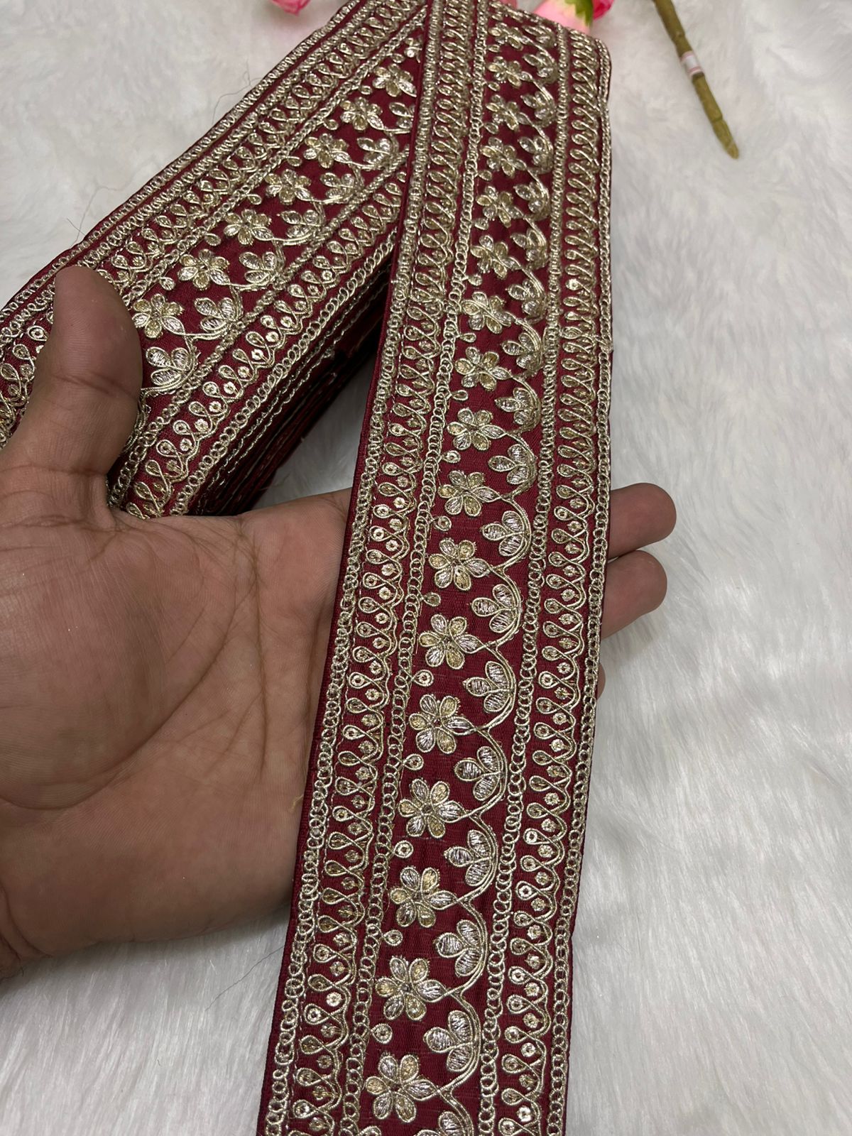 Elegant Embroidered Designer Lace Border – 9 Meter Roll, 2.5 Inch Wide for Sarees, Dresses, and Crafts | Maroon