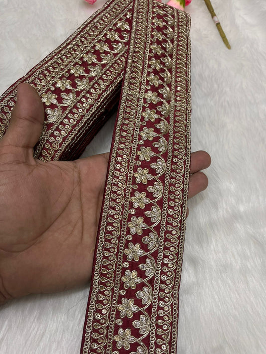 Elegant Embroidered Designer Lace Border – 9 Meter Roll, 2.5 Inch Wide for Sarees, Dresses, and Crafts | Maroon