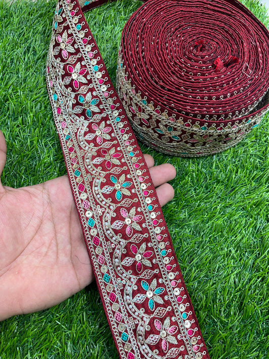 Embroidered Sari Lace Borders for Wedding Saree, Dupatta, Gowns, Lehenga – 9 Meters, 2.5-Inch Width | Maroon