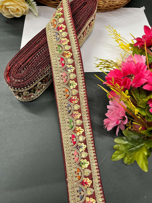 Sabyasachi Inspired Embroidered Saree Laces Border – Designer Lace Trim for Sarees, Lehengas & Dupattas (9 Meter) | Maroon