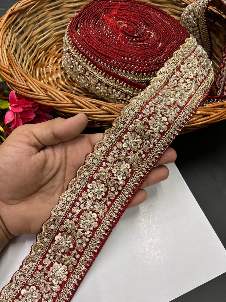 Beaded Embroidered Bridal Laces – Premium Maggam Work Borders for Sarees, Lehengas & Dupattas (9 Meter, 2.5 Inch Width) | Maroon