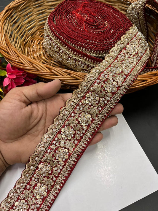 Beaded Embroidered Bridal Laces – Premium Maggam Work Borders for Sarees, Lehengas & Dupattas (9 Meter, 2.5 Inch Width) | Maroon