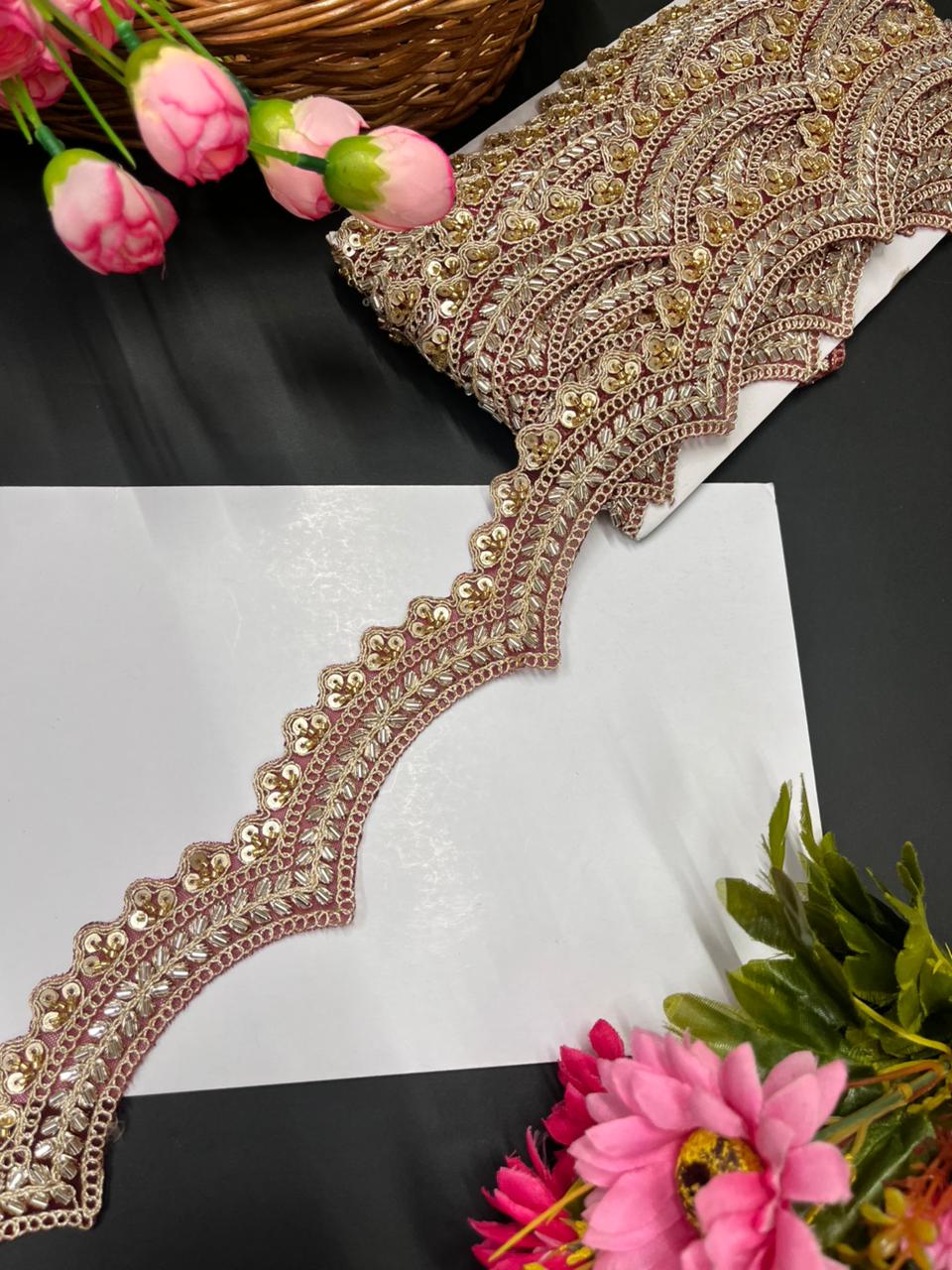 Scalloped Maggam Work Saree Lace Borders on Net Fabric – Designer Embroidered Trim for Sarees & Lehengas (9 Meter, 2 Inch Width) | Maroon