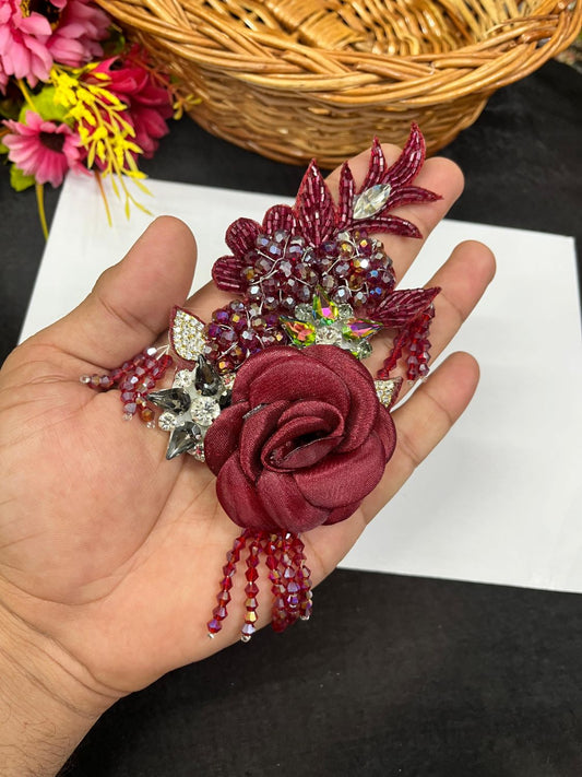 Rhinestone Imported Patch – Western Flower Designer Patch for Sarees, Blouses & Ethnic Outfits (17 cm x 8 cm) | Maroon