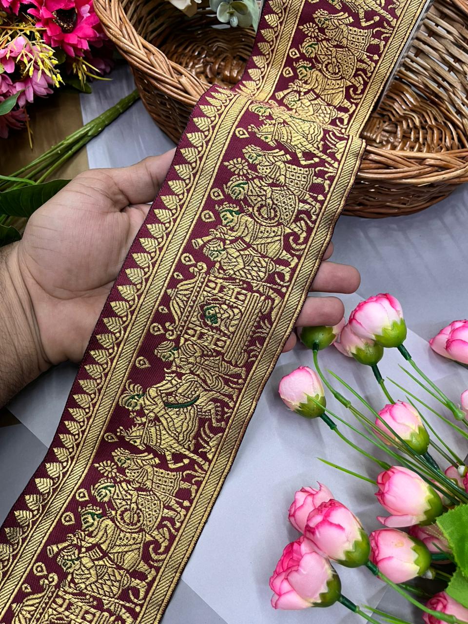 Excellent Banarasi Lace – Premium 4 Inch Traditional Woven Border for Sarees, Dupattas & Ethnic Wear (9 Meter) | Maroon