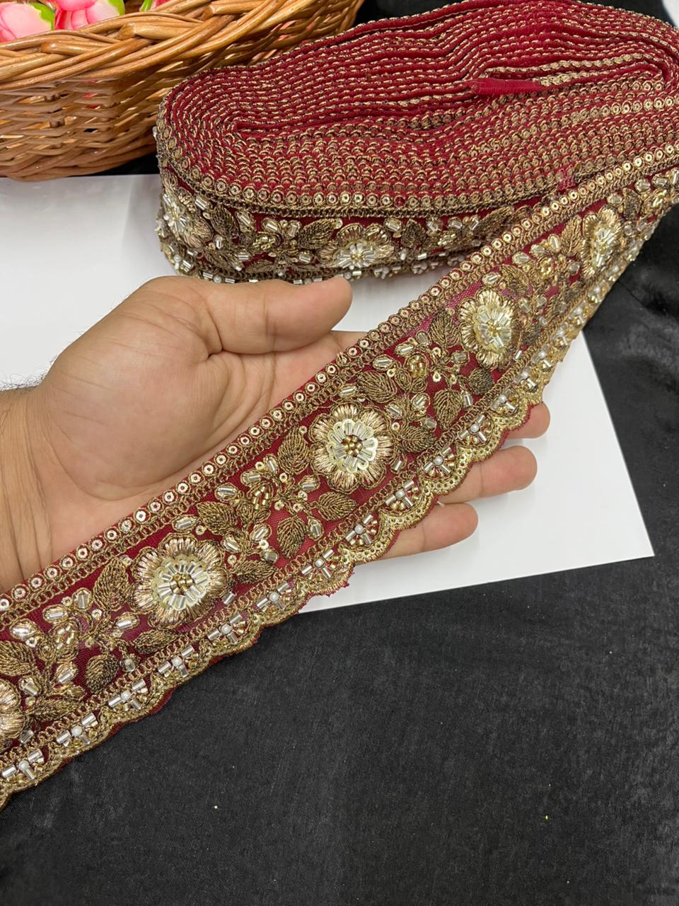 Antique Zari Flower Design Maggam Work Lace for Sarees – Premium Designer Maggam Lace | Maroon