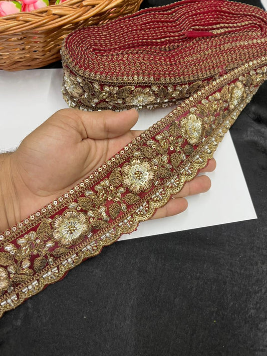 Antique Zari Flower Design Maggam Work Lace for Sarees – Premium Designer Maggam Lace | Maroon