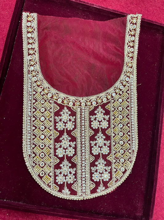 Designer Handcrafted Neck Patch for Kurtis, Dresses & Blouses – Premium Embroidered Neckline Applique | DC0983 | Maroon