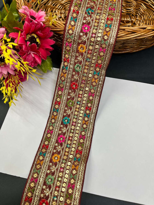 Sabyasachi Inspired Embroidery Lace for Sarees & Dupattas – 3 Inch Wide Lace Border (9 Meter) | Maroon