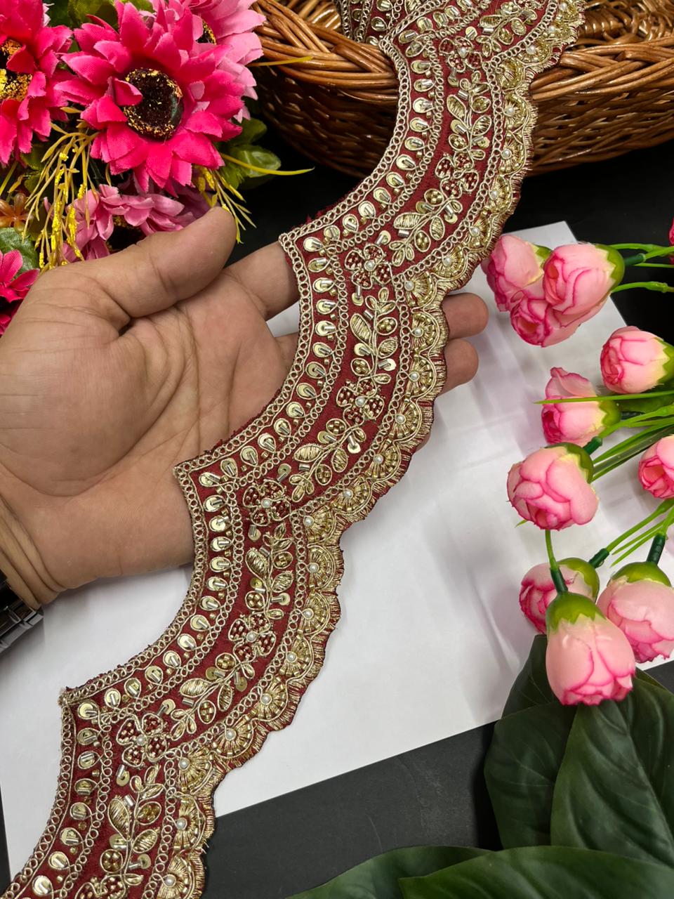 Scalloped Maggam Work Saree Borders – Premium Designer Maggam Lace Border for Ethnic Wear | Maroon