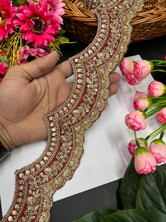 Scalloped Maggam Work Saree Borders – Premium Designer Maggam Lace Border for Ethnic Wear | Maroon