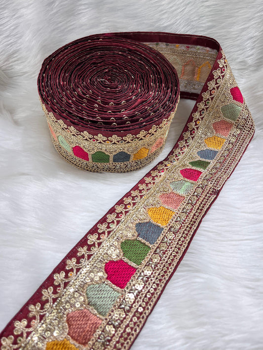 Sabyasachi Inspired Embroidery Lace Borders – 9 Meters, 3-Inch Width, Handcrafted Elegance | Maroon