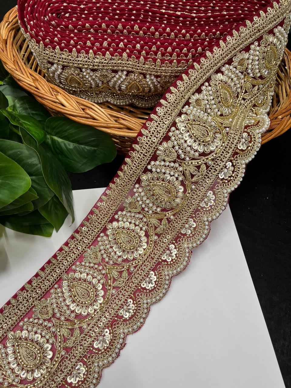 Beautiful Cutdana & Pearl Work Maggam Work Bridal Lace – Premium Designer Bridal Lace | Maroon