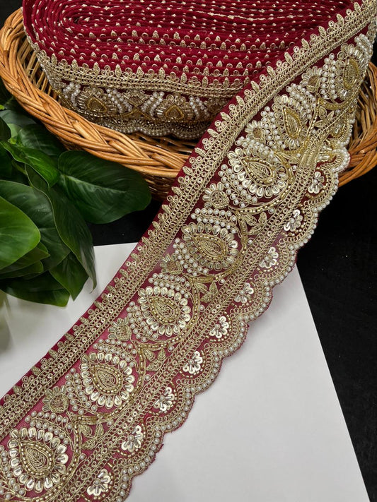 Beautiful Cutdana & Pearl Work Maggam Work Bridal Lace – Premium Designer Bridal Lace | Maroon