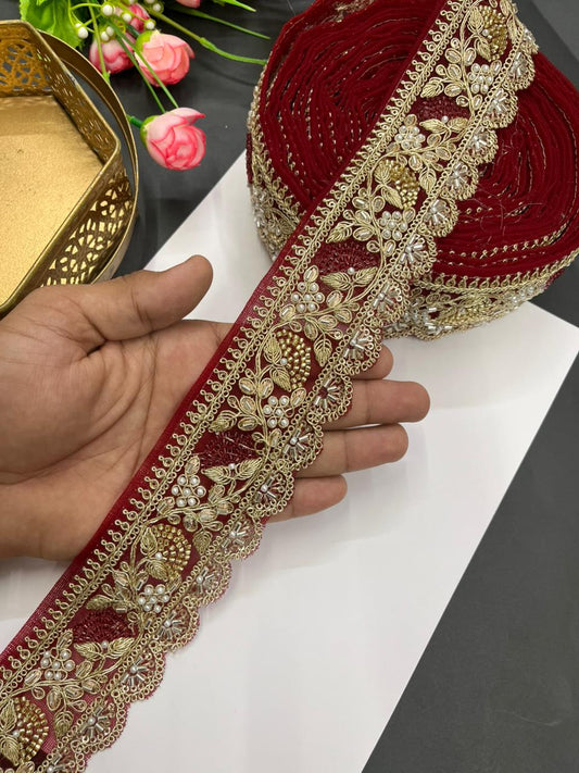 Designer Beaded Net Based Maggam Work Lace for Sarees – Premium 2 Inch Hand-Embellished Border for Lehengas & Bridal Wear (9 Meter) | Maroon