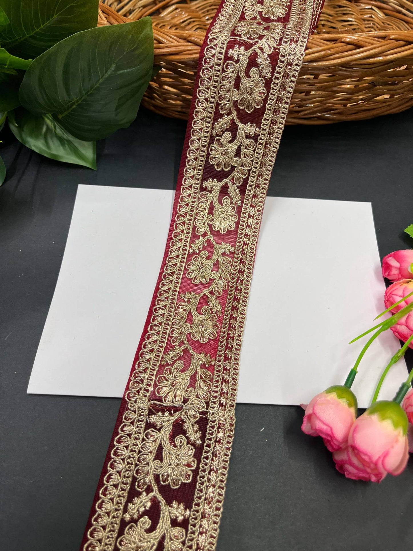Gold Embroidery Net Saree Lace & Zari Lace – 9 Meters, 2.5-Inch Embroidered Net Border for Lehengas & Dupattas | Maroon