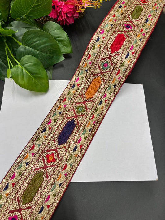 Designer Sabyasachi Laces & Borders – Premium Embroidered Lace Trim for Sarees, Lehengas & Dupattas (9 Meter, 3.5 Inch Width) | Maroon