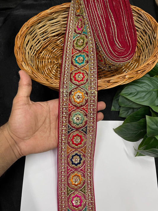 Multicolored Sabyasachi Inspired Saree Laces – 9 Meters, 3-Inch Designer Embroidered Border for Sarees, Lehengas & Dupattas | Maroon