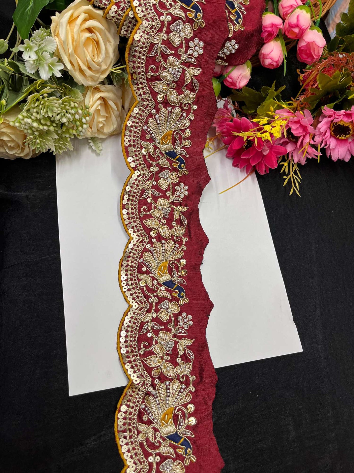 Exclusive Peacock Face Maggam Work Saree Laces – 9 Meters, 3-Inch Embroidered Border for Sarees, Lehengas & Dupattas | Maroon