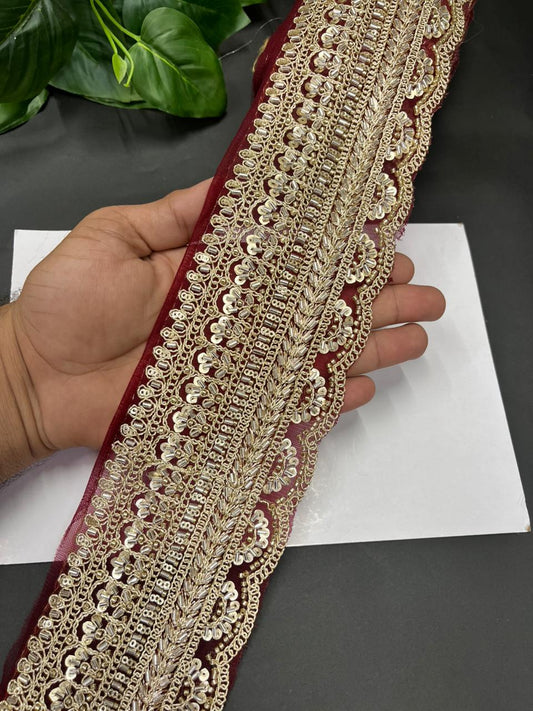 Exclusive Bridal Saree Laces & Borders on Net Fabric – Maggam Work Designer Trim for Sarees, Lehengas & Dupattas (9 Meter, 4 Inch Width) | Maroon