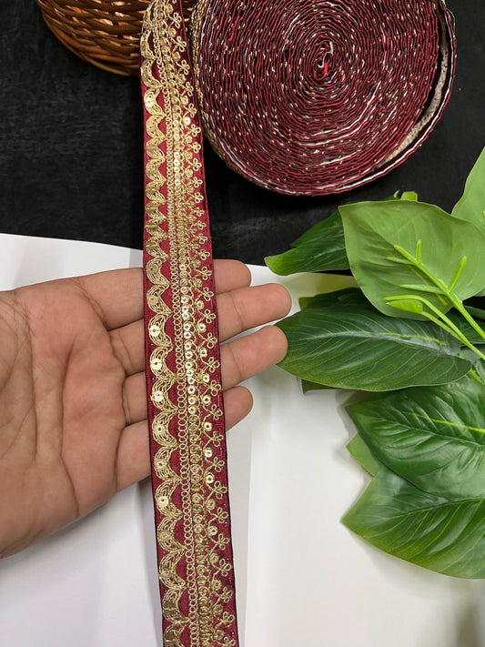 Gold Embroidered Saree Laces for Sarees, Kurtis, Dupattas, Dresses & Lehengas – 9 Meters, 1.25-Inch Decorative Border | Maroon