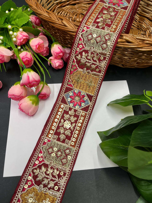 Sabyasachi Inspired Embroidered Sari Border with Zari & Sequin – 9 Meters, 2.5-Inch Designer Lace for Sarees & Lehengas | Maroon