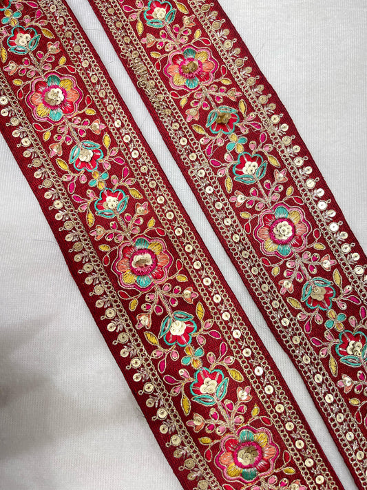 Embroidery Lace Embellishment Trim – 9 Meters, 3-Inch Width, Decorative Border | Maroon
