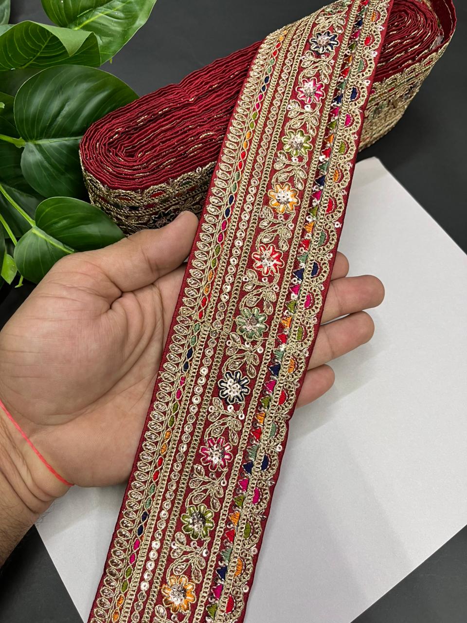 Classic Embroidered Sabyasachi Inspired Saree Lace Borders – Luxury Designer Embellished Lace for Sarees, Lehengas & Dupattas (9 Meter, 2.5 Inch Width) | Maroon