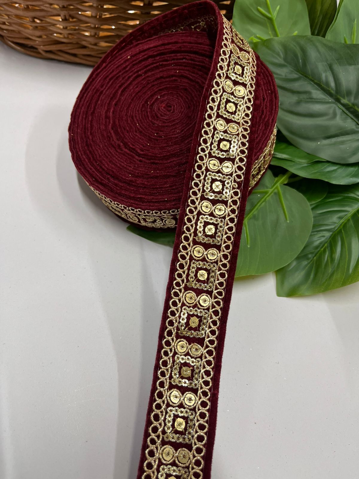 Velvet Saree Lace Trim | Indian Velvet Embroidered Lace Border for Saree and Dupatta (9 Mtr) | Maroon