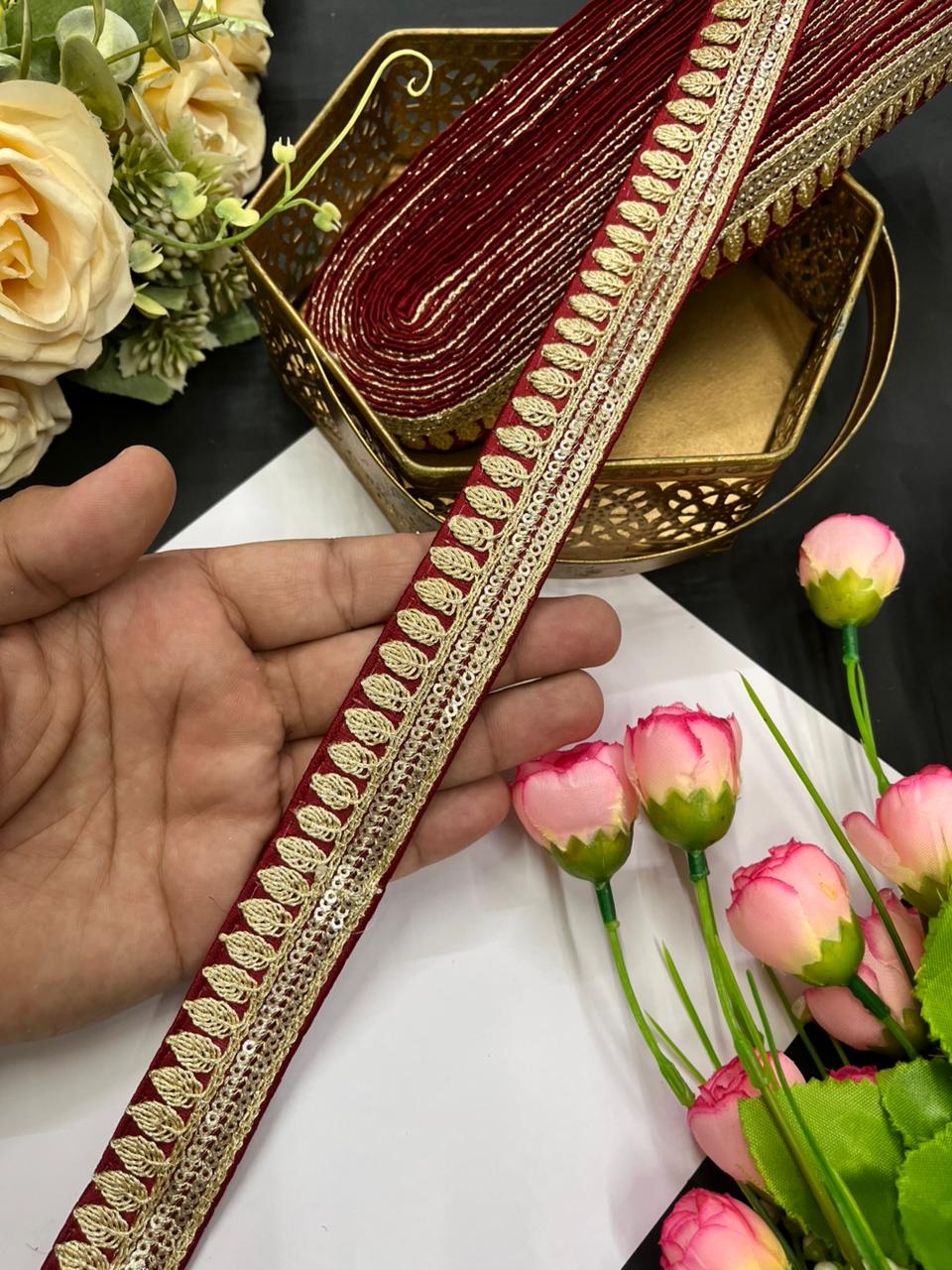 Elegant Embroidered Silk Saree Lace Borders – Premium 1 Inch Designer Border for Dupattas, Lehengas & Festive Wear (9 Meter) | Maroon